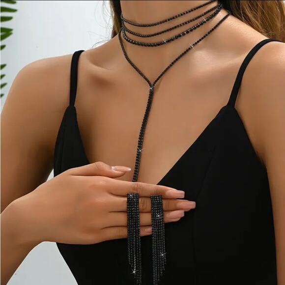 Black Crystal Y Lariat Choker Matching Earrings Rhinestone Necklace New Years - Picture 2 of 10